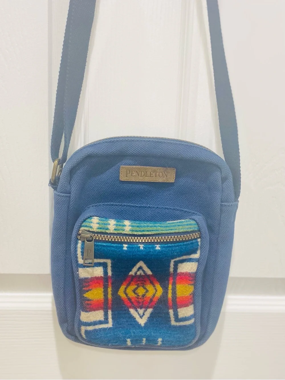 Pendleton Blue Canvas Crossbody with Multicolor Southwestern Panel